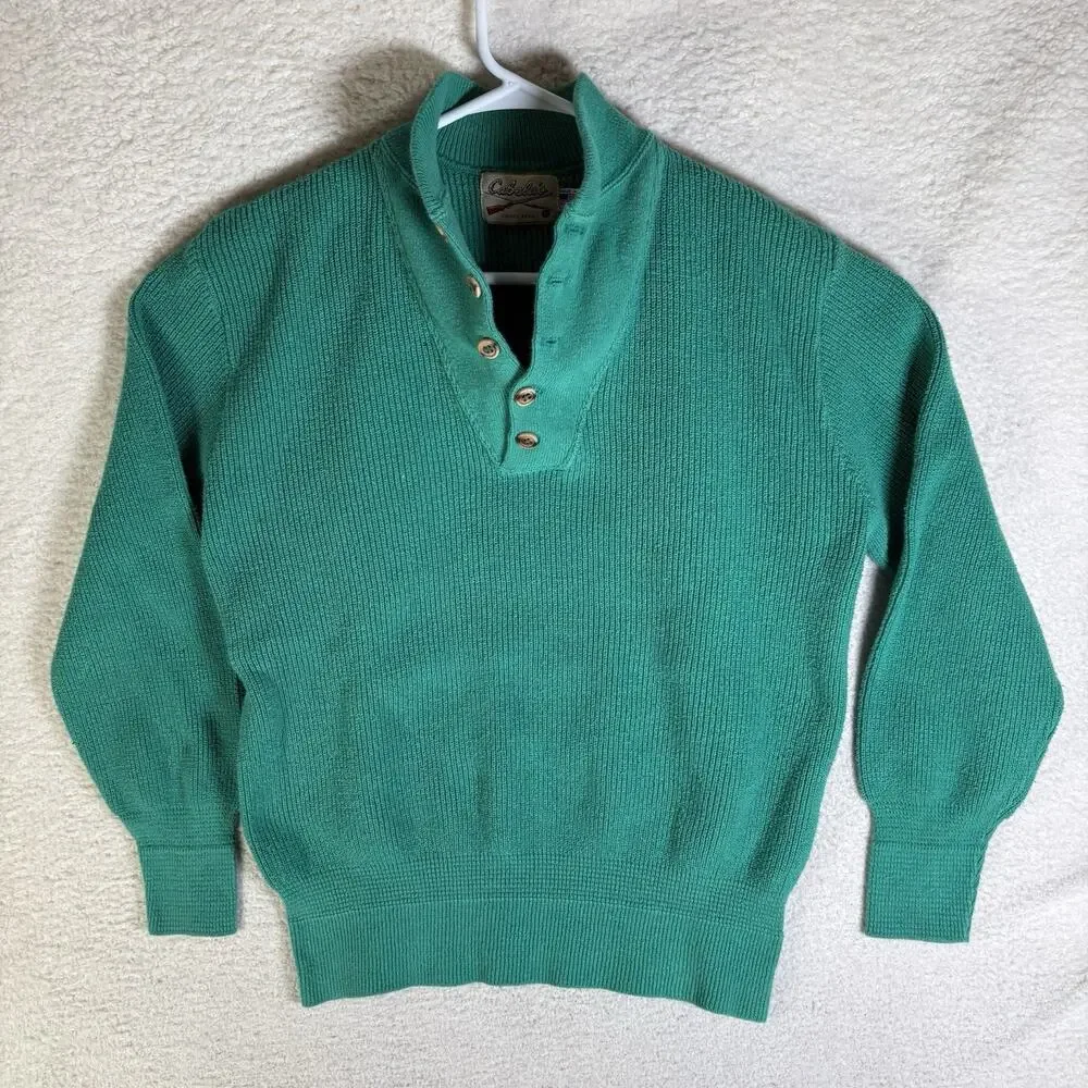 Vintage Cabelas SweaterMens Medium Green USA Made Ribbed Knit 1/4 Button READ